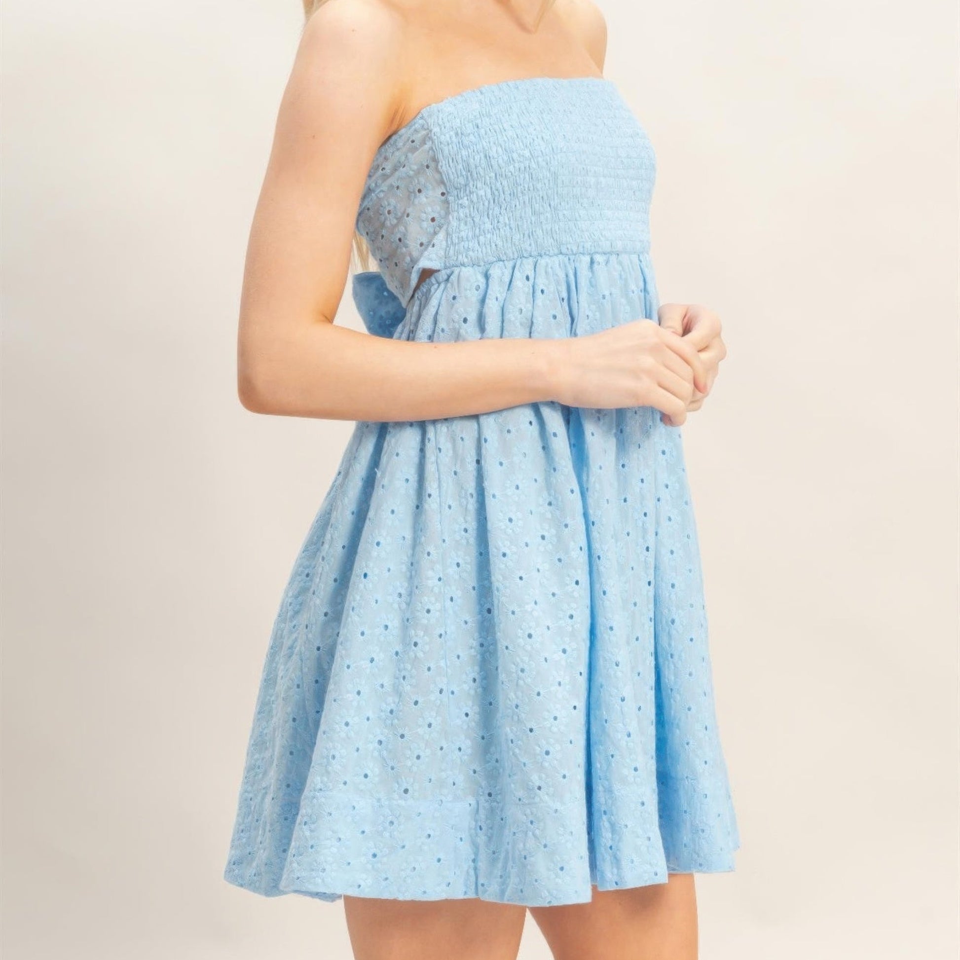 Smocked Tube Top Dress in Sky Blue - Side View