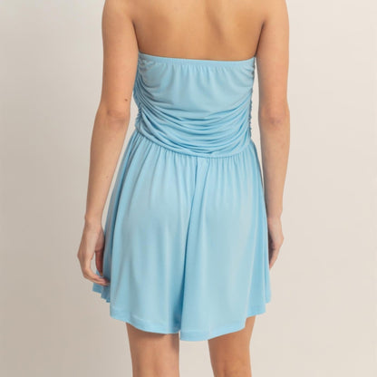 Strapless Shirred Waist Romper Blue back view