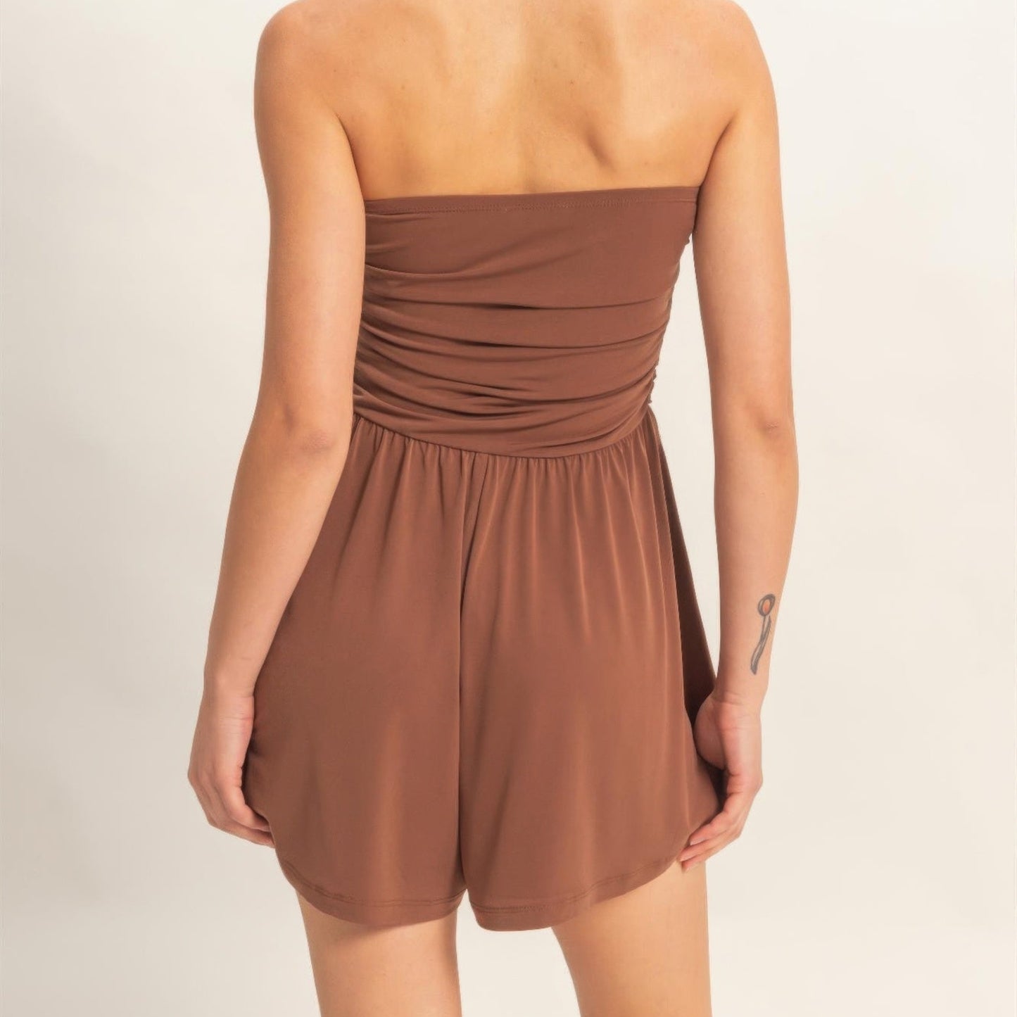 Strapless Shirred Waist Romper Chocolate  back view