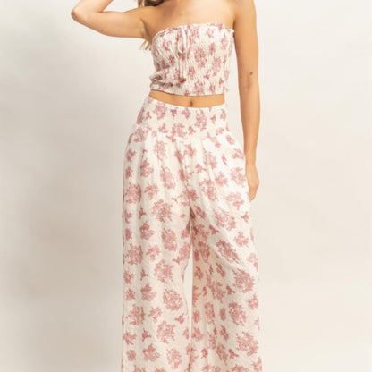  Smocked Tube Top and Wide-Leg Pants Set in Burgundy - Front View