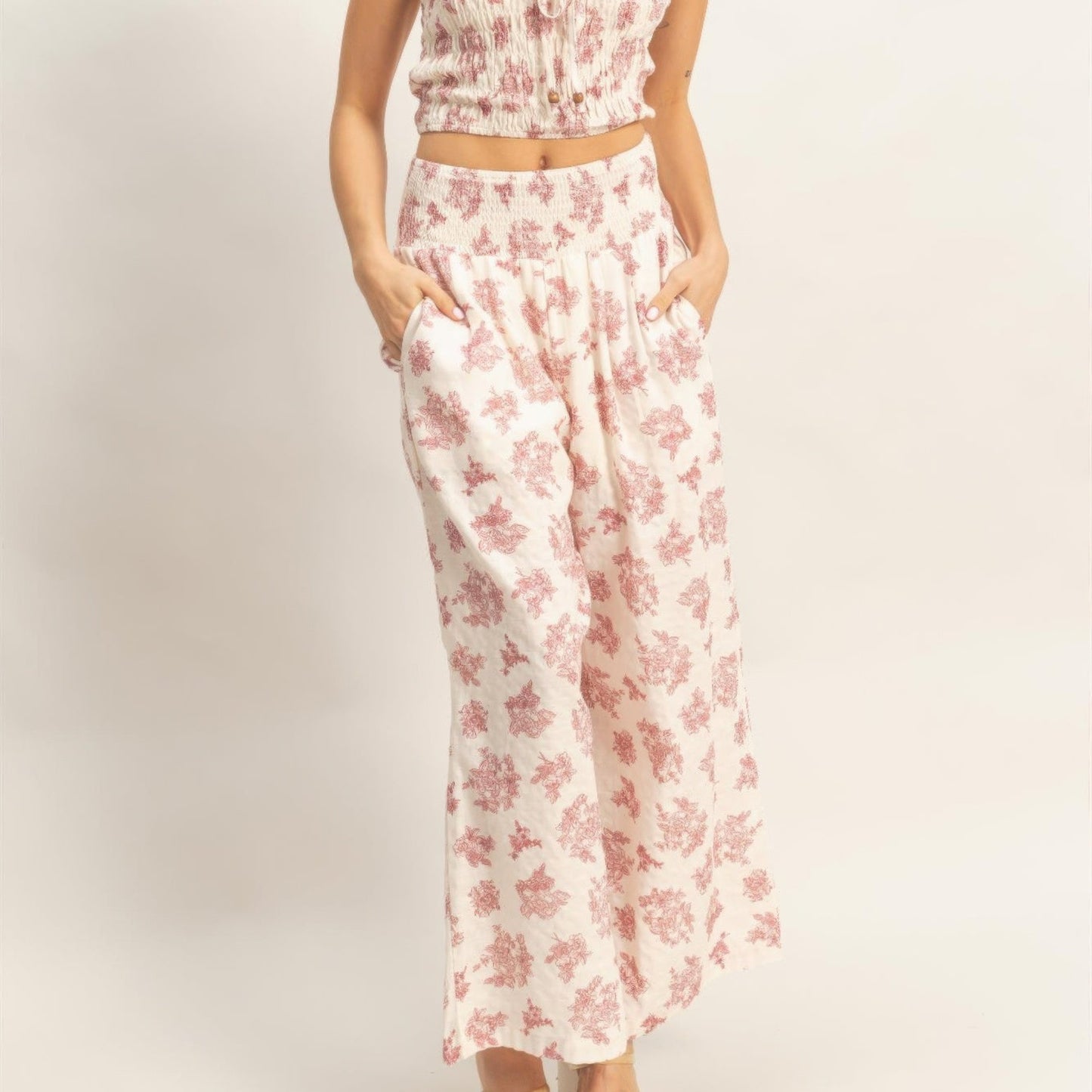Smocked Tube Top and Wide-Leg Pants Set in Burgundy - Lifestyle View