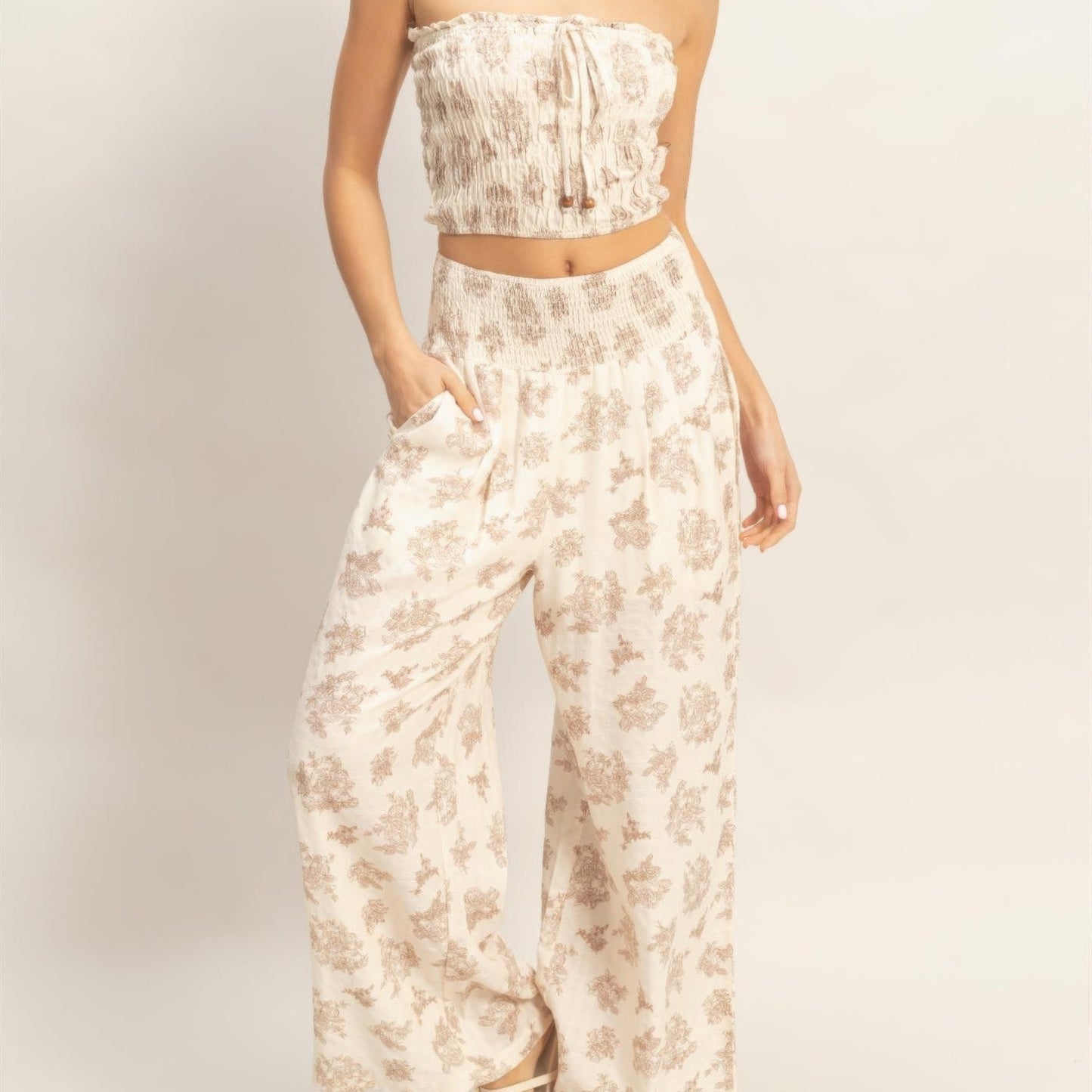 Smocked Tube Top and Wide-Leg Pants Set in Beige - Side View 