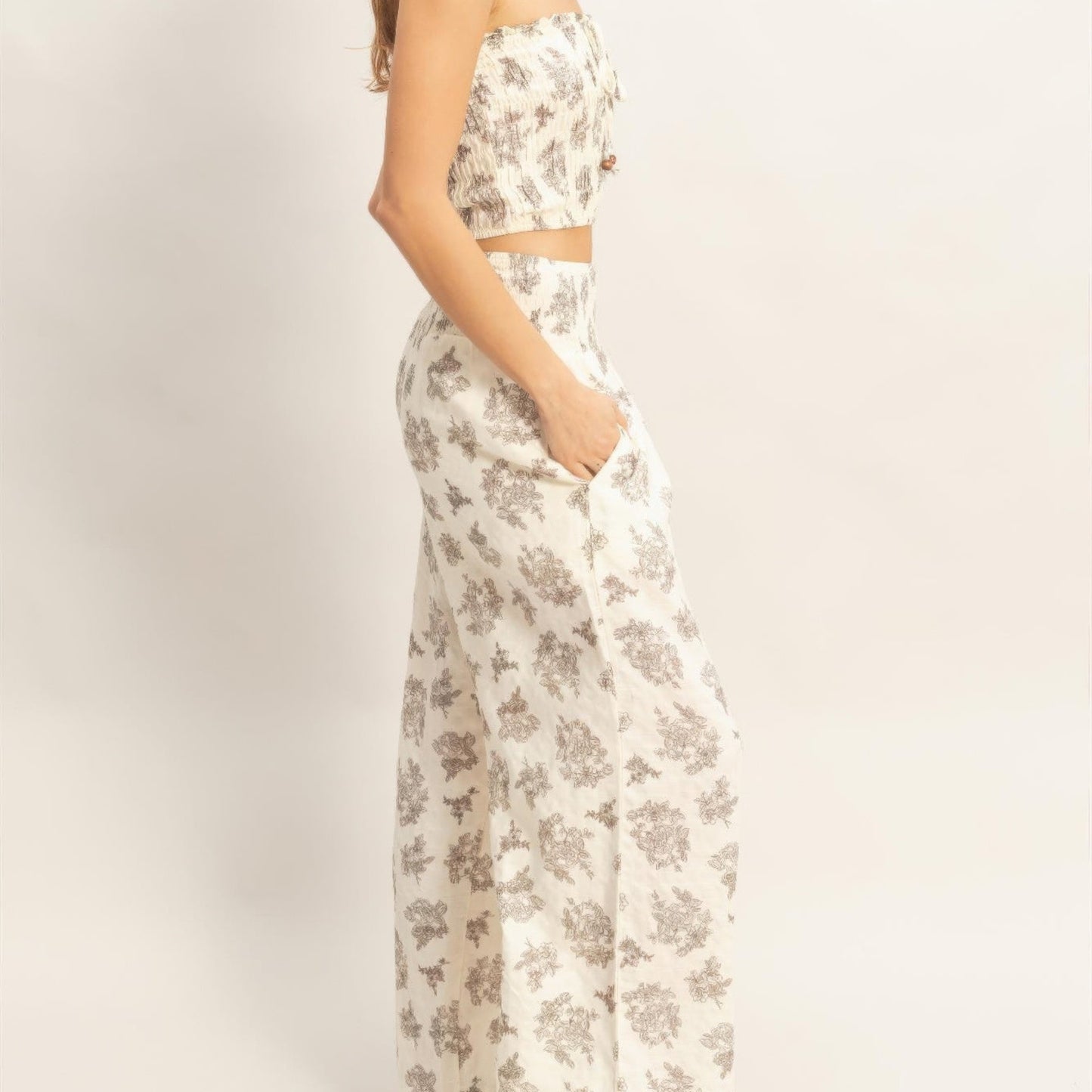 Smocked Tube Top and Wide-Leg Pants Set in Black - Side View 