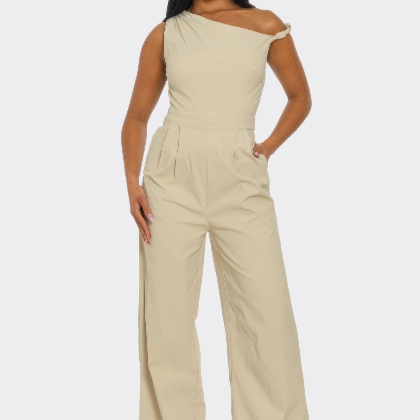 Chic Poise One-Shoulder Jumpsuit in Stone - Front View