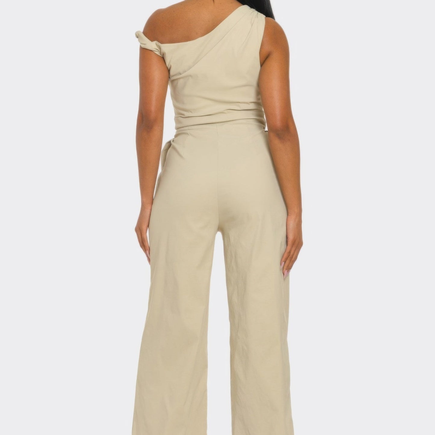 Chic Poise One-Shoulder Jumpsuit in Stone - Back View