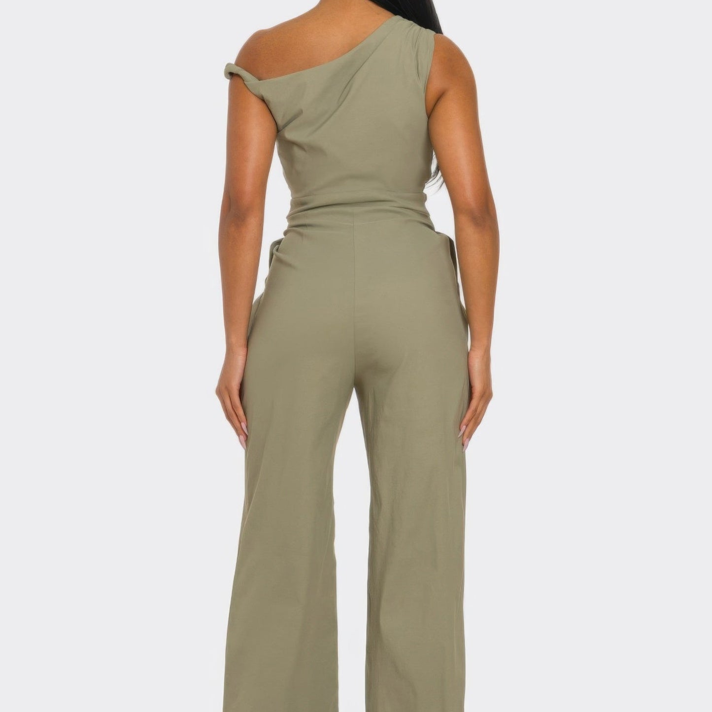 Chic Poise One-Shoulder Jumpsuit in Khaki - Back View