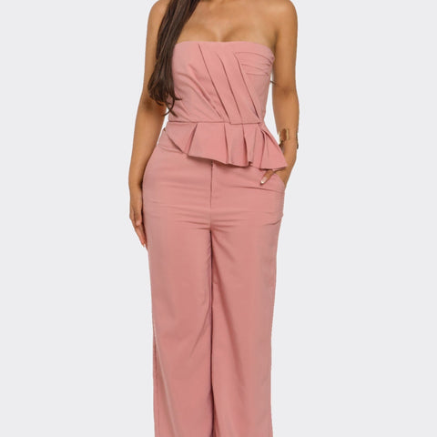 Sculpted Grace Strapless Pleated Top & Wide-Leg Trouser Set - Mauve & Taupe