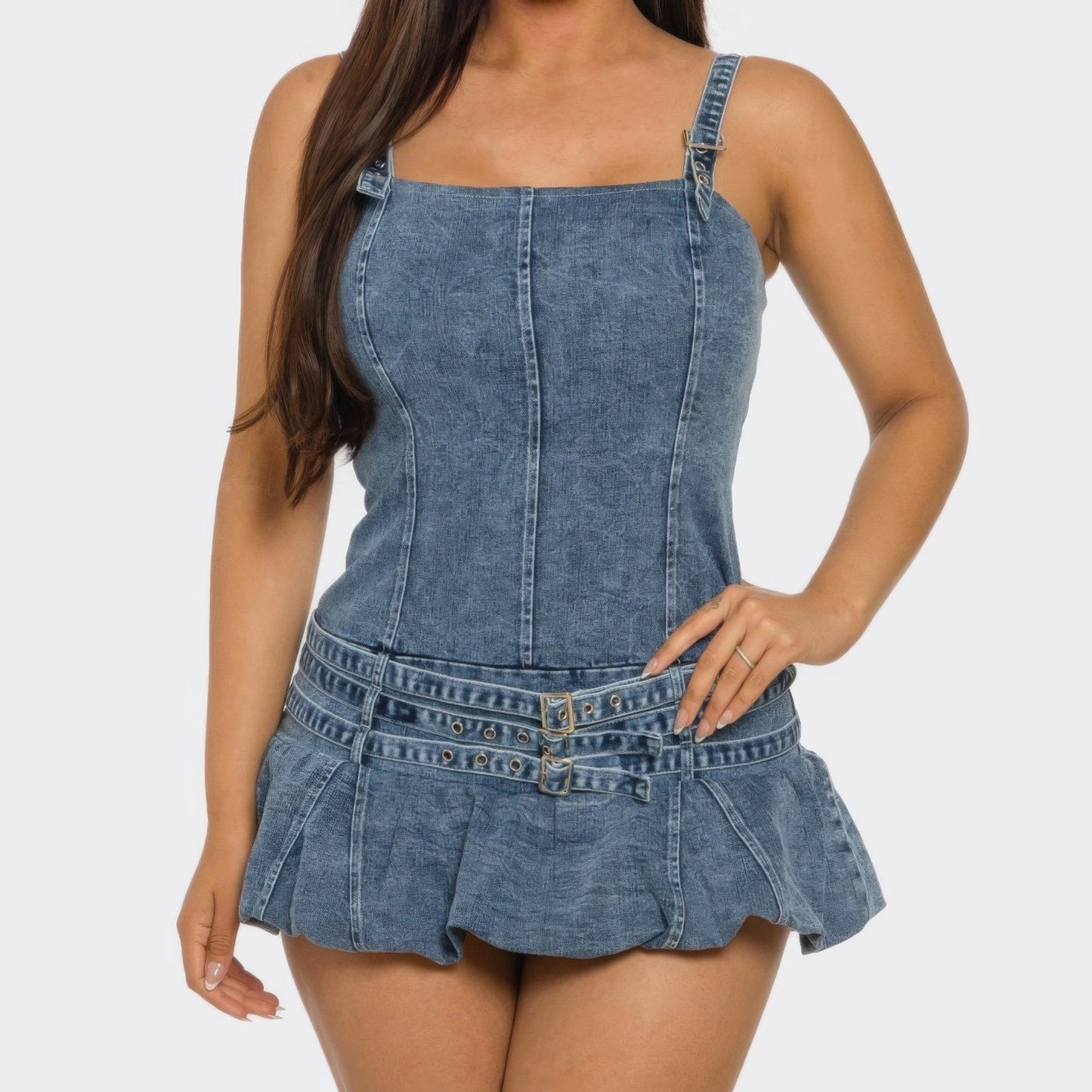Belted Denim Mini Romper Dress with Built-In Shorts - Front View
