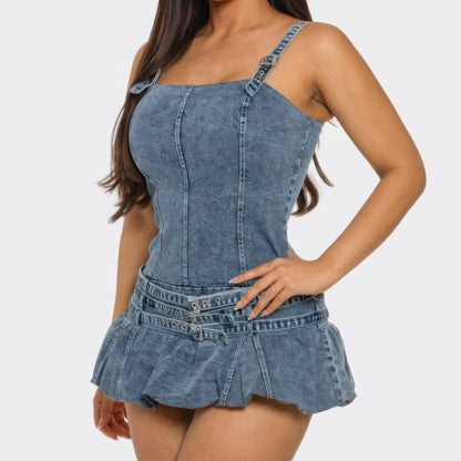 Belted Denim Mini Romper Dress with Built-In Shorts - Side View
