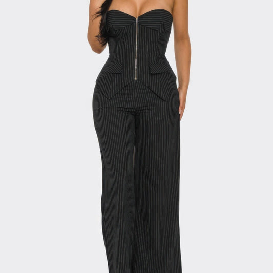 Power Structure Corset Top and Pinstripe Wide-Leg Trouser Set in Black - Front View 
