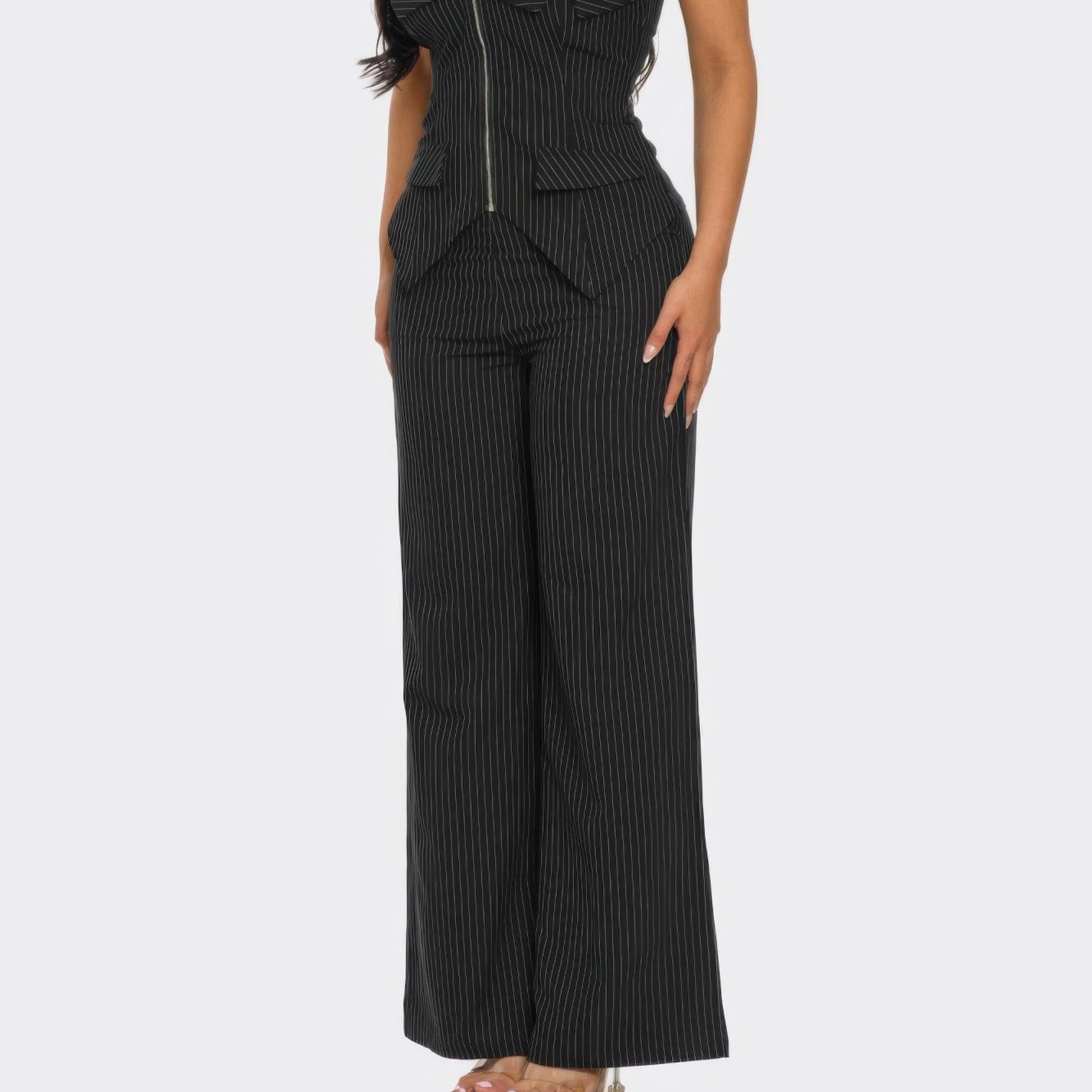 Power Structure Corset Top and Pinstripe Wide-Leg Trouser Set in Black - Side View