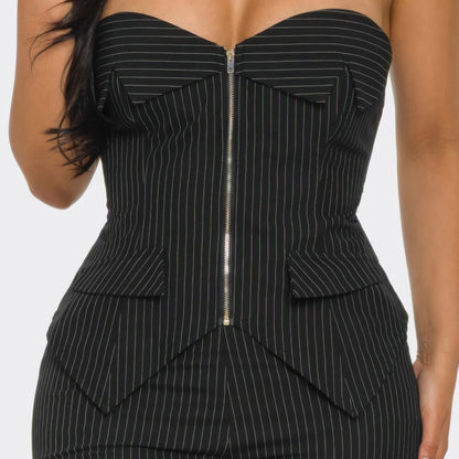 Power Structure Corset Top and Pinstripe Wide-Leg Trouser Set in Black - Detail View 