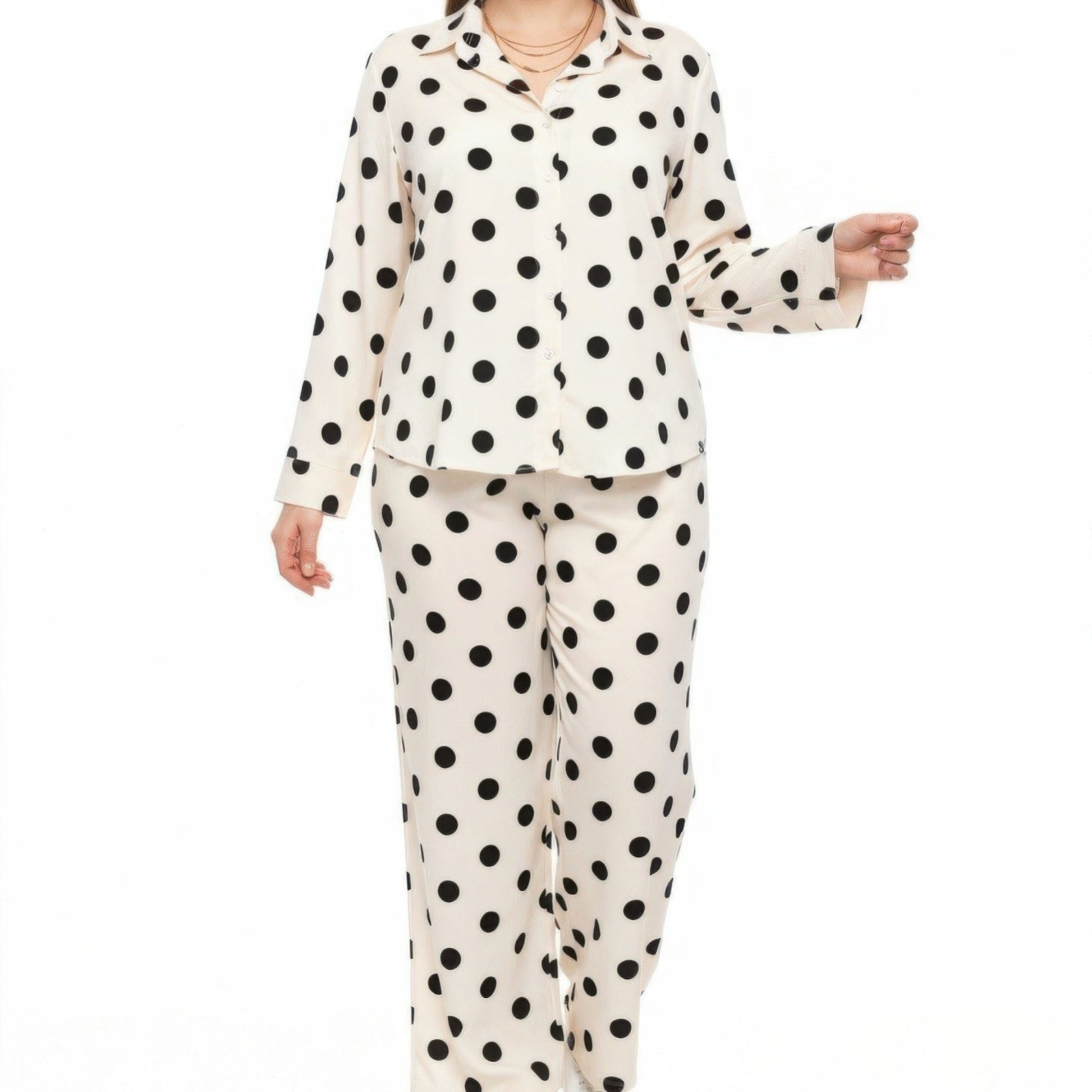 Polka Dot Button-Up Top and Wide-Leg Pants Set in Beige - Front View
