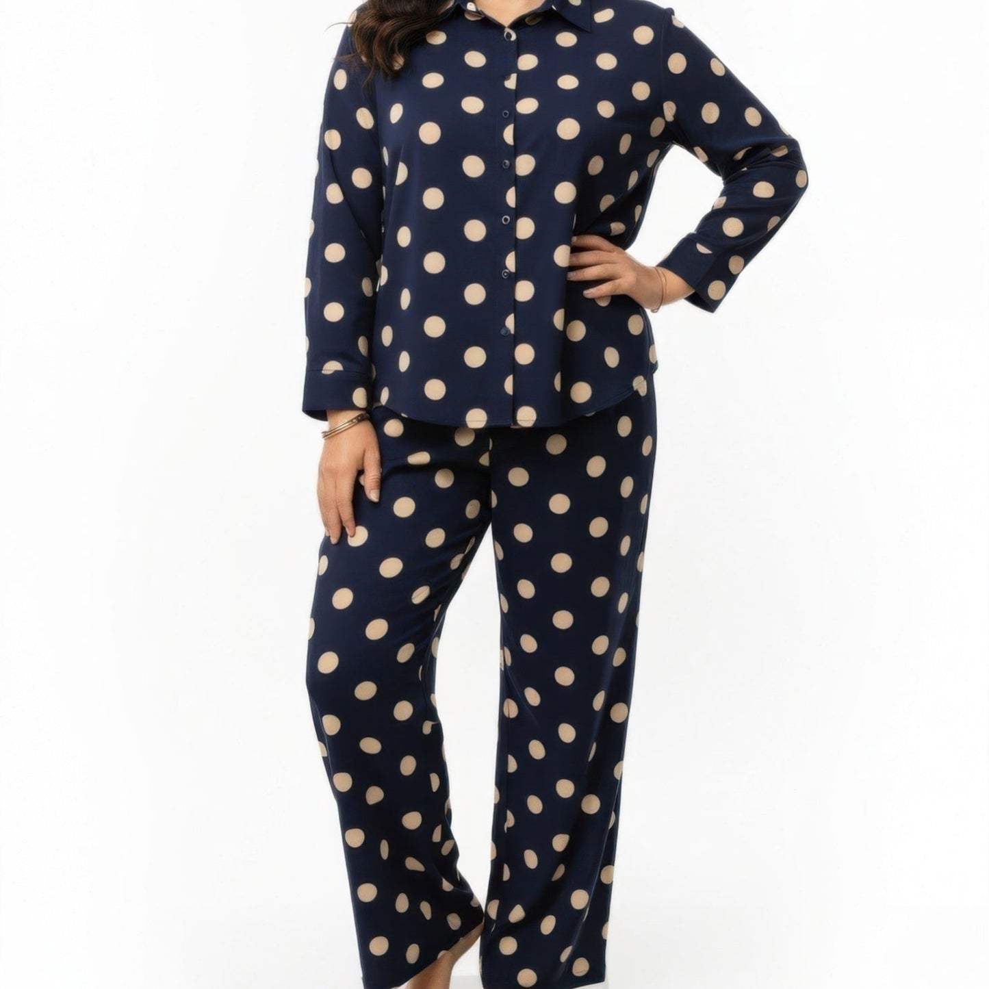 Polka Dot Button-Up Top and Wide-Leg Pants Set in Navy Blue - Front View
