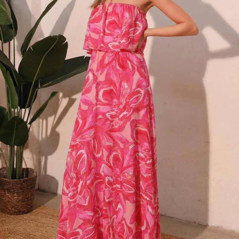 Chasing Petals Strapless Floral Maxi Dress in Pink - Front View
