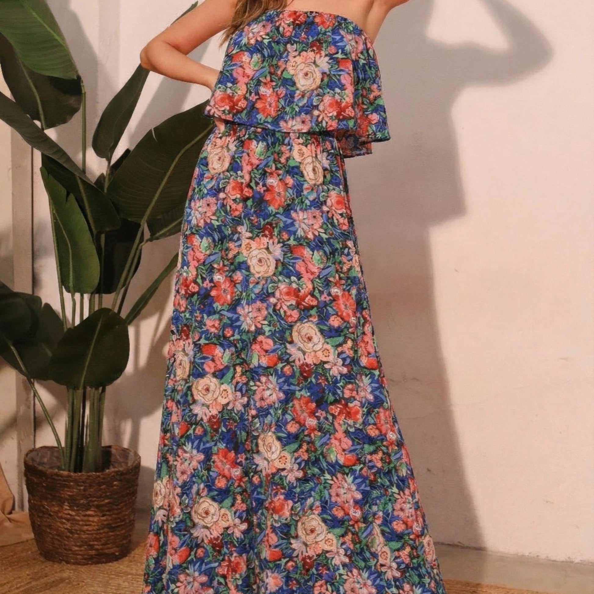 Bloom Party Strapless Floral Maxi Dress in Blue - Front View
