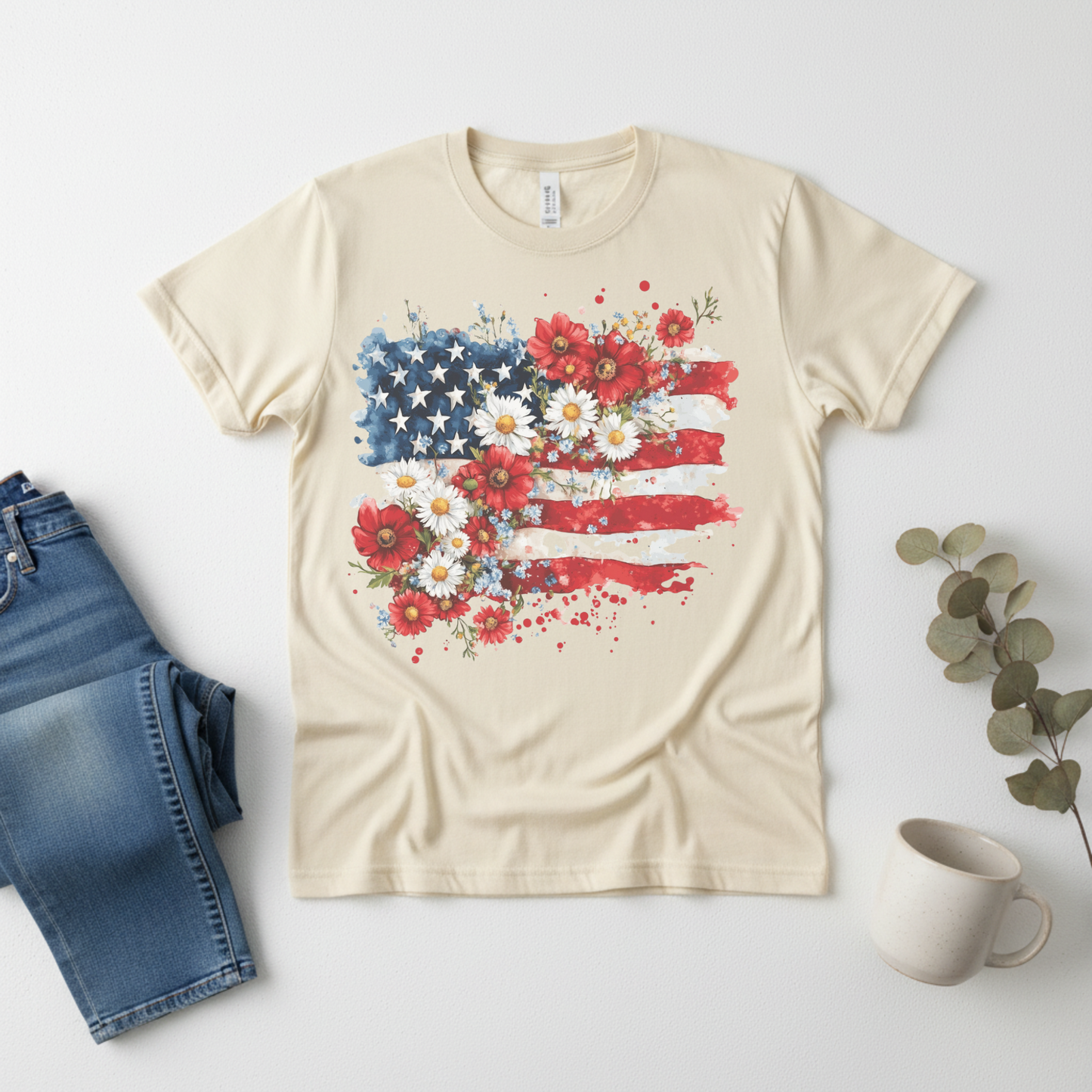 Floral Flag T-Shirt Patriotic Floral Tee - primary view