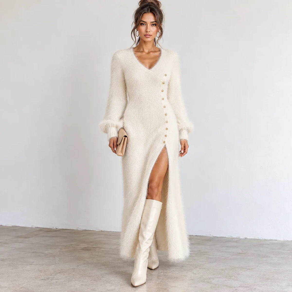 Women’s white fuzzy knit maxi dress with V-neckline, long balloon sleeves, gold button-side detail, and high side slit.