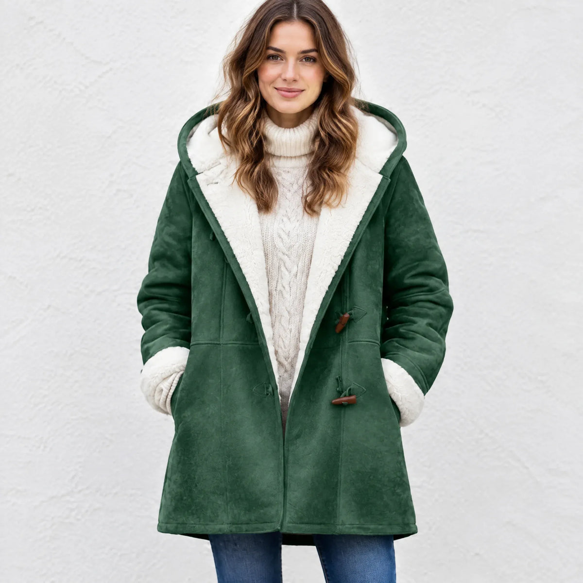 A woman wearing a dark green suede-like hooded coat with a cream sherpa lining, paired with a cream cable-knit turtleneck sweater and blue jeans, standing against a light textured wall.