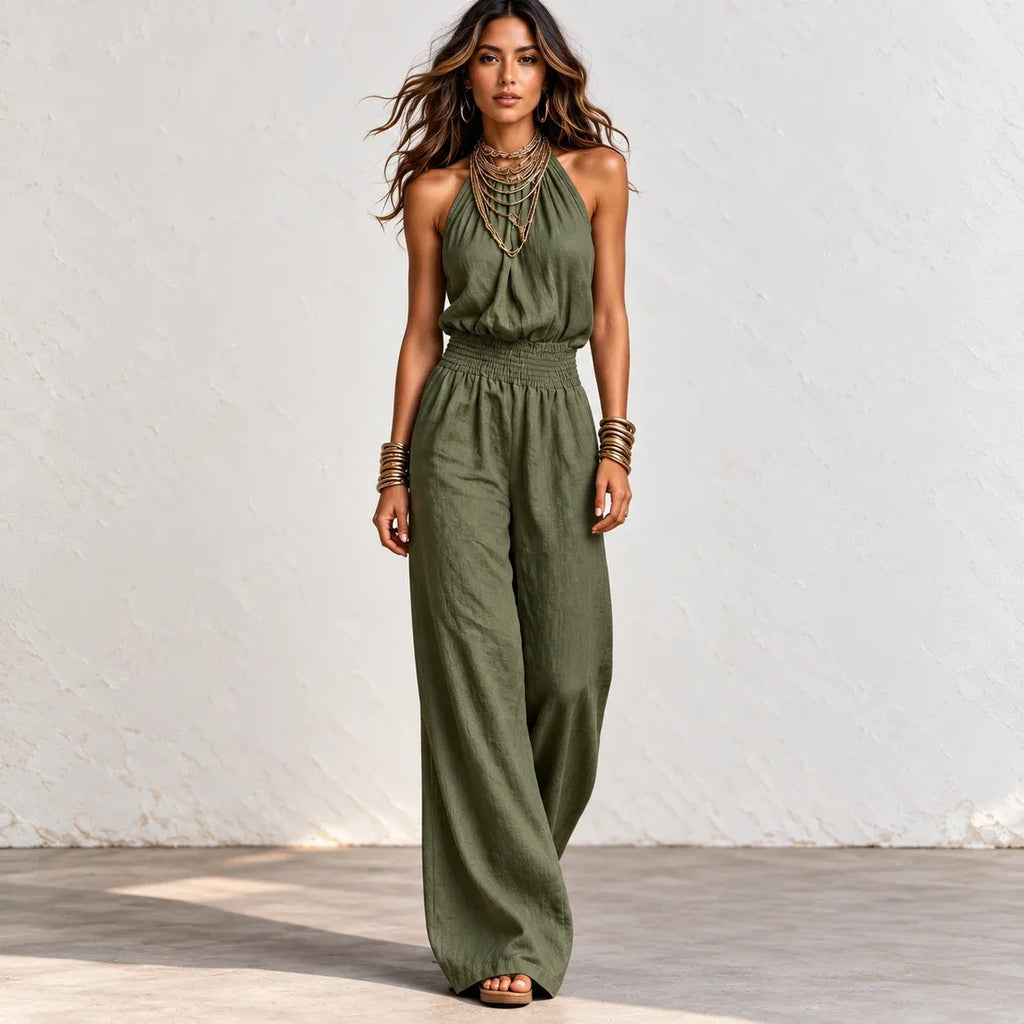 Women’s army green halter wide-leg linen jumpsuit with smocked waist and relaxed wide-leg fit