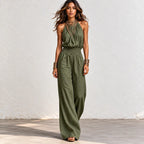 Women’s army green halter wide-leg linen jumpsuit with smocked waist and relaxed wide-leg fit