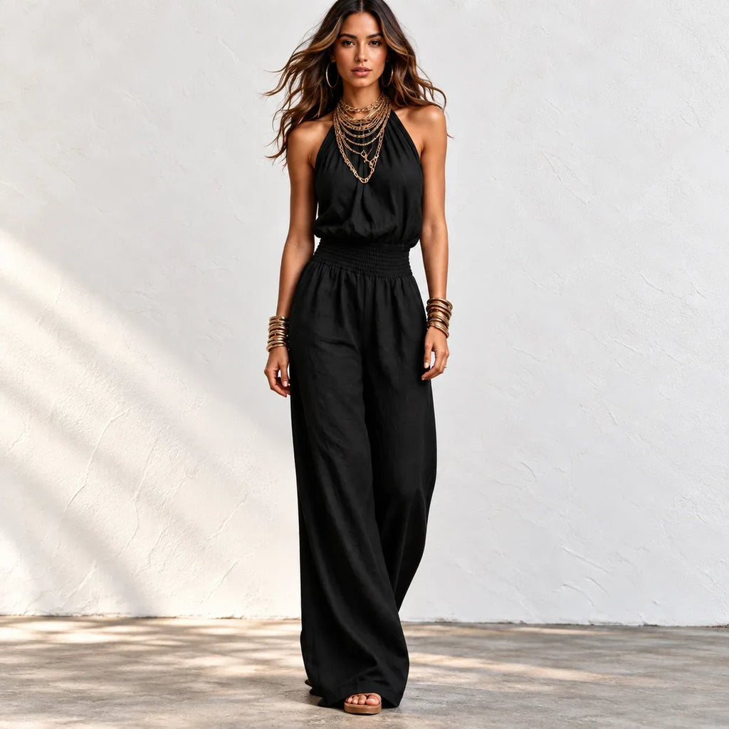 Back view of women’s khaki halter wide-leg linen jumpsuit with halter neck tie and smocked waist