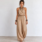 Women’s khaki halter wide-leg linen jumpsuit with gathered neckline and smocked waist