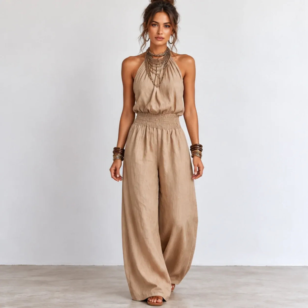 Women’s khaki halter wide-leg linen jumpsuit with gathered neckline and smocked waist
