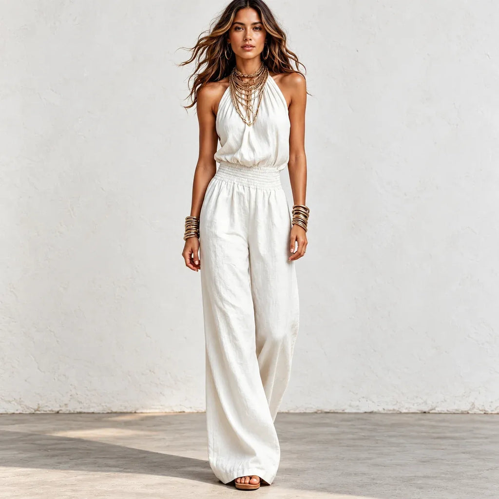 Women’s white halter wide-leg linen jumpsuit with smocked waist and relaxed fit
