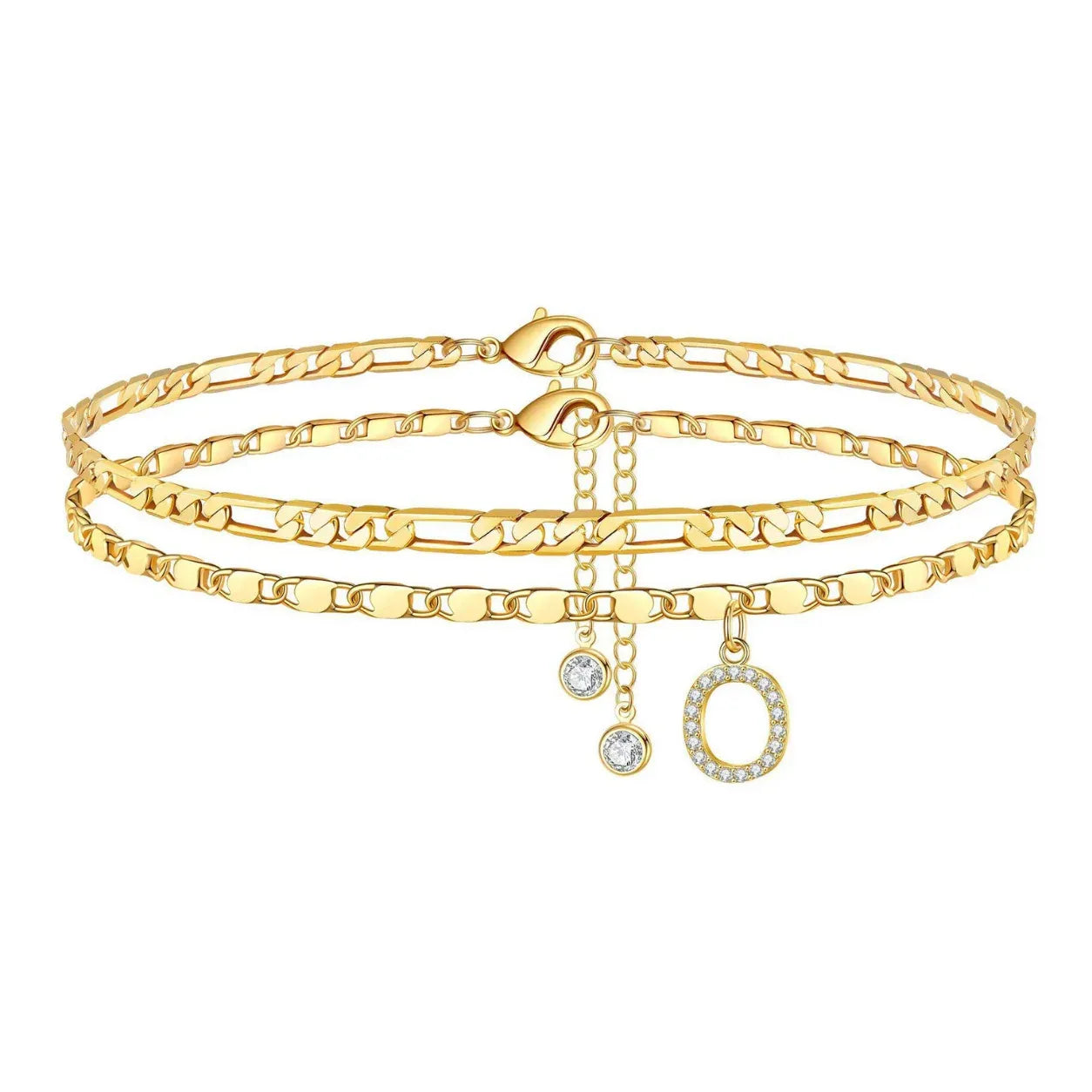 Set of gold anklets with letter 'O' charm on a white background