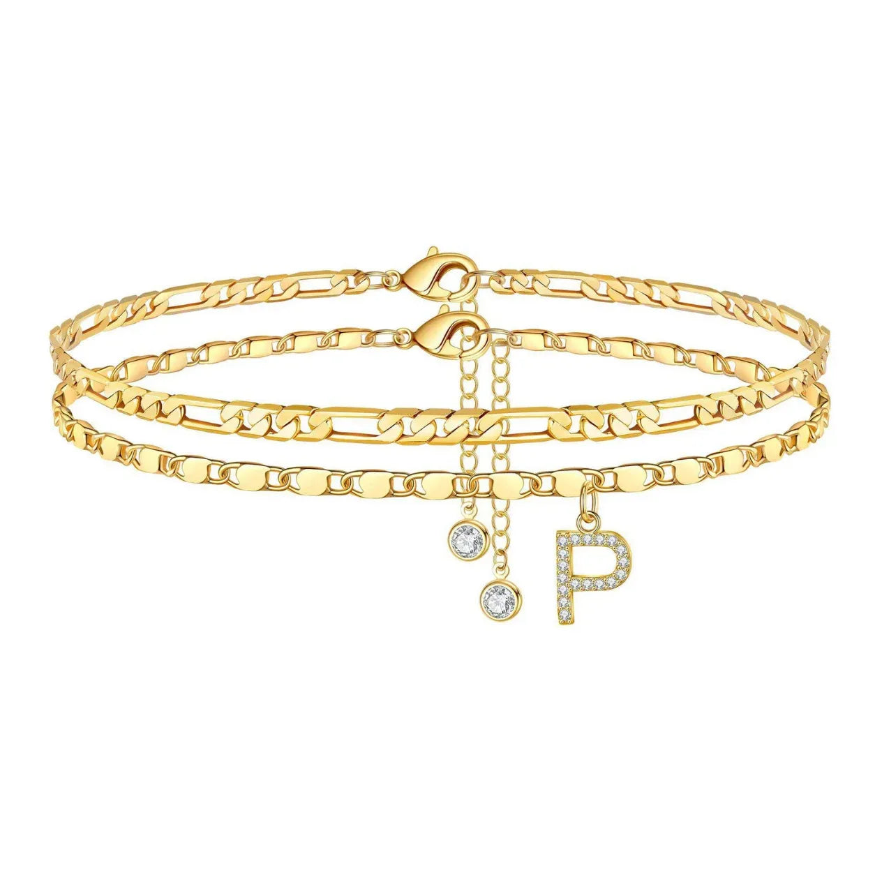Set of gold anklets with letter 'P' charm on a white background