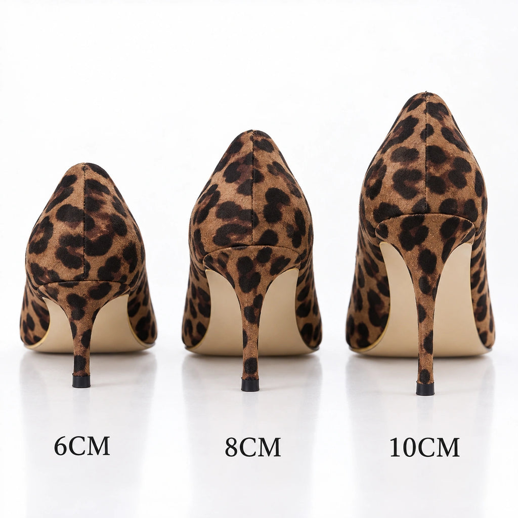 Three leopard-print stiletto pumps shown from the back in different heel heights labeled 6CM, 8CM, and 10CM on a white background.