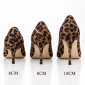 Three leopard-print stiletto pumps shown from the back in different heel heights labeled 6CM, 8CM, and 10CM on a white background.