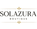 The logo for SOLAZURA BOUTIQUE, featuring elegant black serif lettering with gold decorative flourishes on a solid white background.