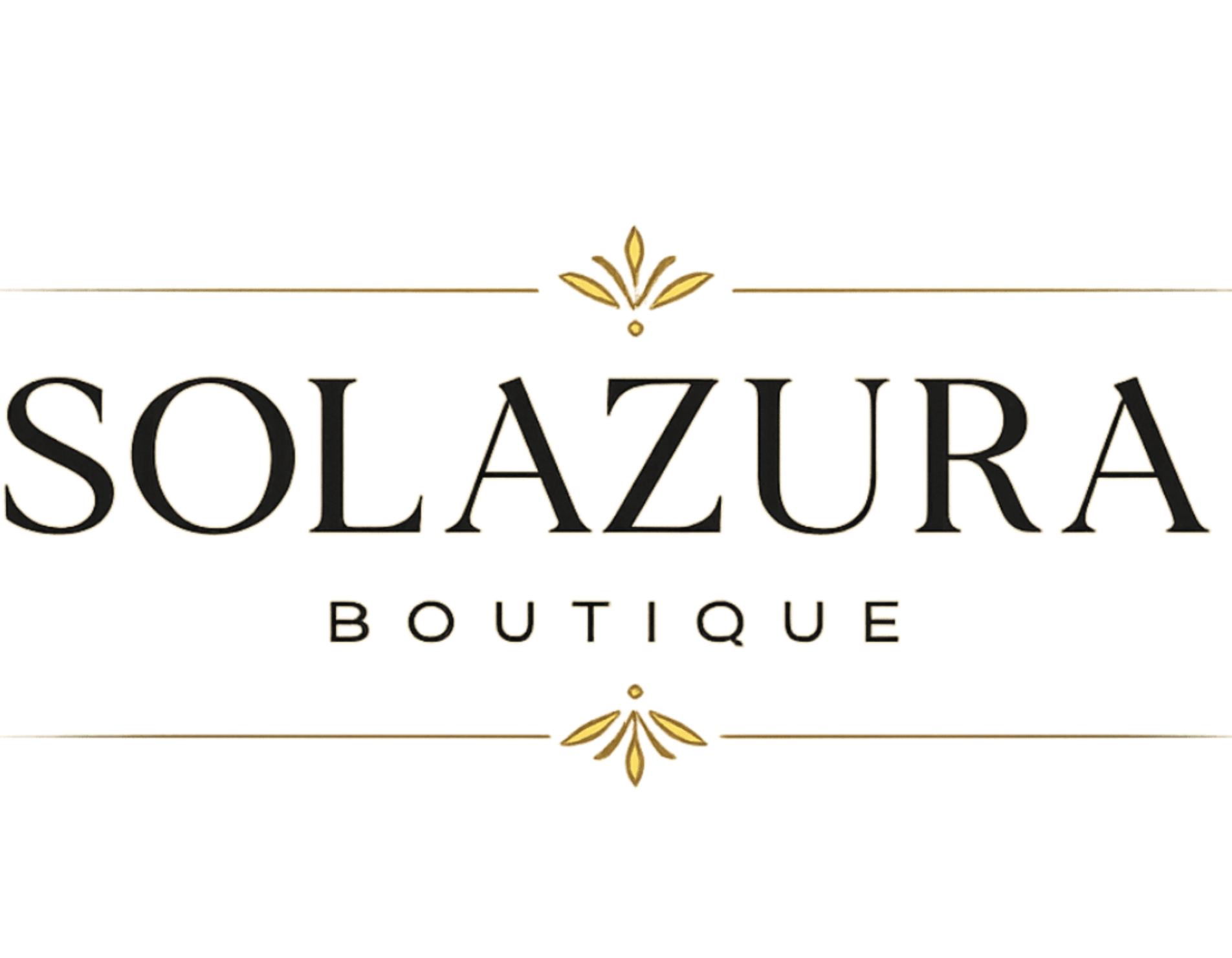 The logo for SOLAZURA BOUTIQUE, featuring elegant black serif lettering with gold decorative flourishes on a solid white background.