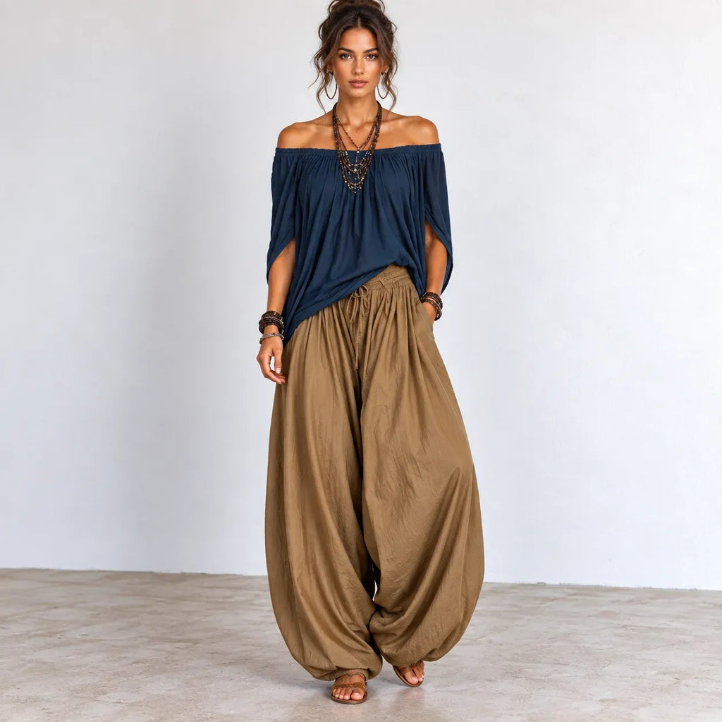 Women’s khaki and navy blue off-shoulder balloon pants two-piece set with flowing top and wide-leg pants