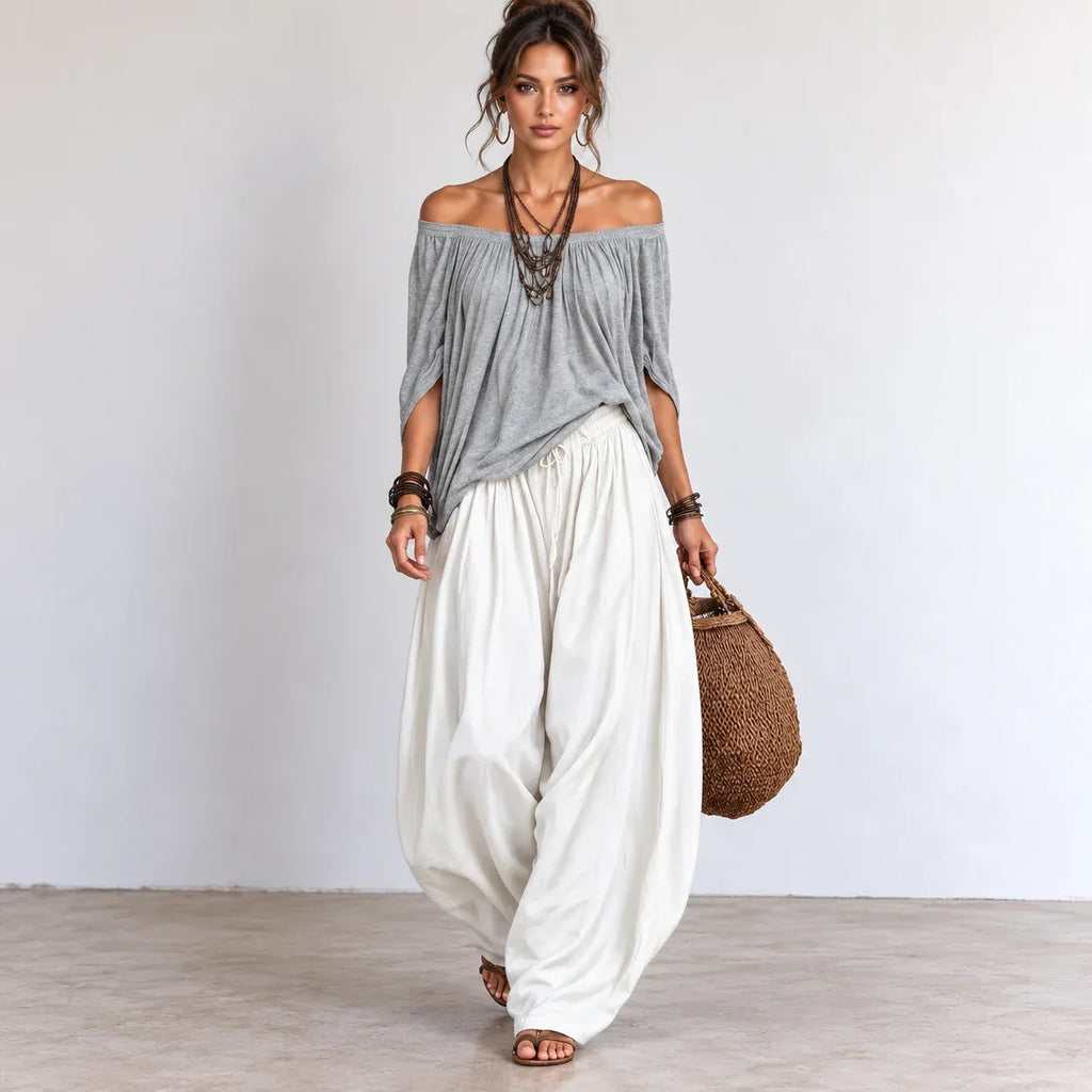 Women’s gray and white off-shoulder balloon pants two-piece set with flowing top and wide-leg pants