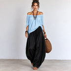 Women’s light blue and black off-shoulder balloon pants two-piece set with relaxed flowing top
