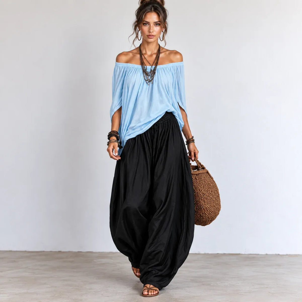 Women’s light blue and black off-shoulder balloon pants two-piece set with relaxed flowing top