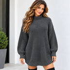 A woman wearing an oversized dark gray ribbed knit mock-neck sweater dress, standing in front of a white wall with a potted plant on the left.