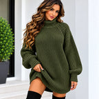 A woman wearing an oversized olive green ribbed knit mock-neck sweater, standing in front of a white wall with a green plant in the background.