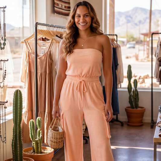 Woman in peach jumpsuit standing in a clothing store with cacti and desert view outside