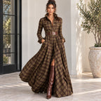 Women’s beige and brown plaid button-front collared maxi dress with belt and pockets