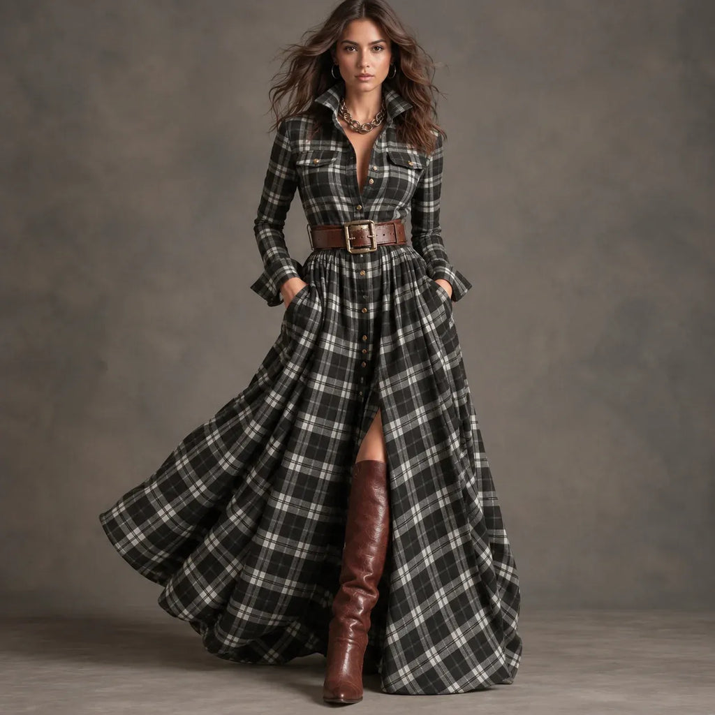 Women’s gray and black plaid button-front collared maxi dress with belt and pockets