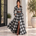 Women’s black and white plaid button-front collared maxi dress with belt and pockets