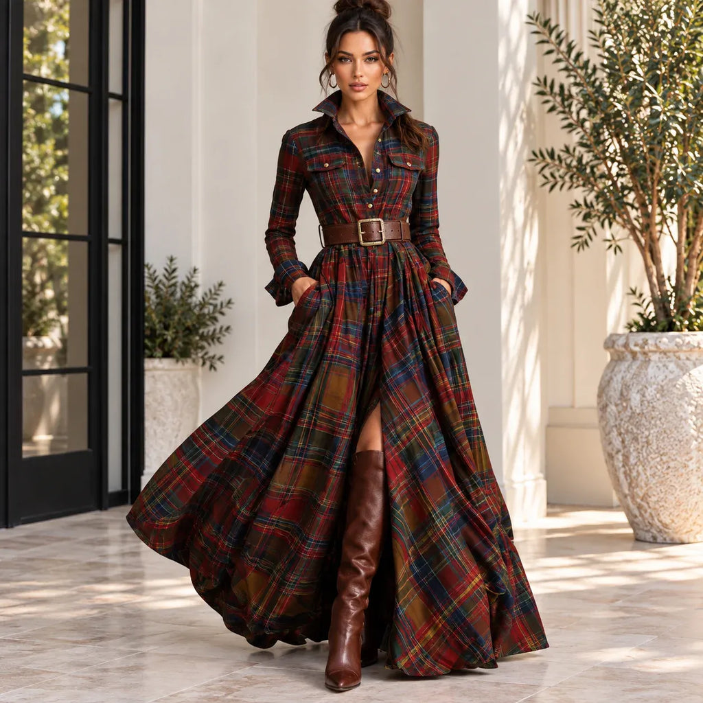Women’s brown and red plaid button-front collared maxi dress with belt and pockets