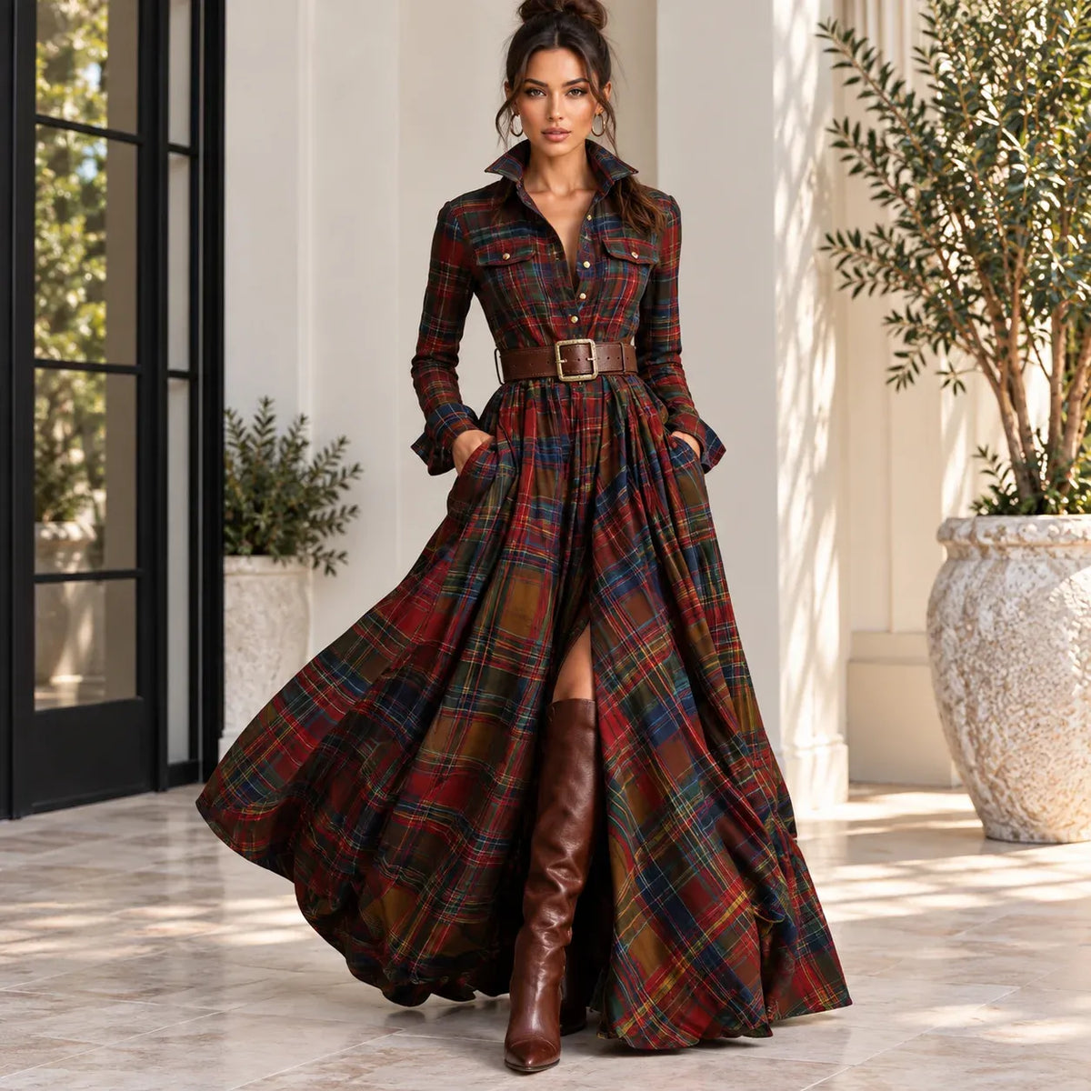 Women’s brown and red plaid button-front collared maxi dress with belt and pockets