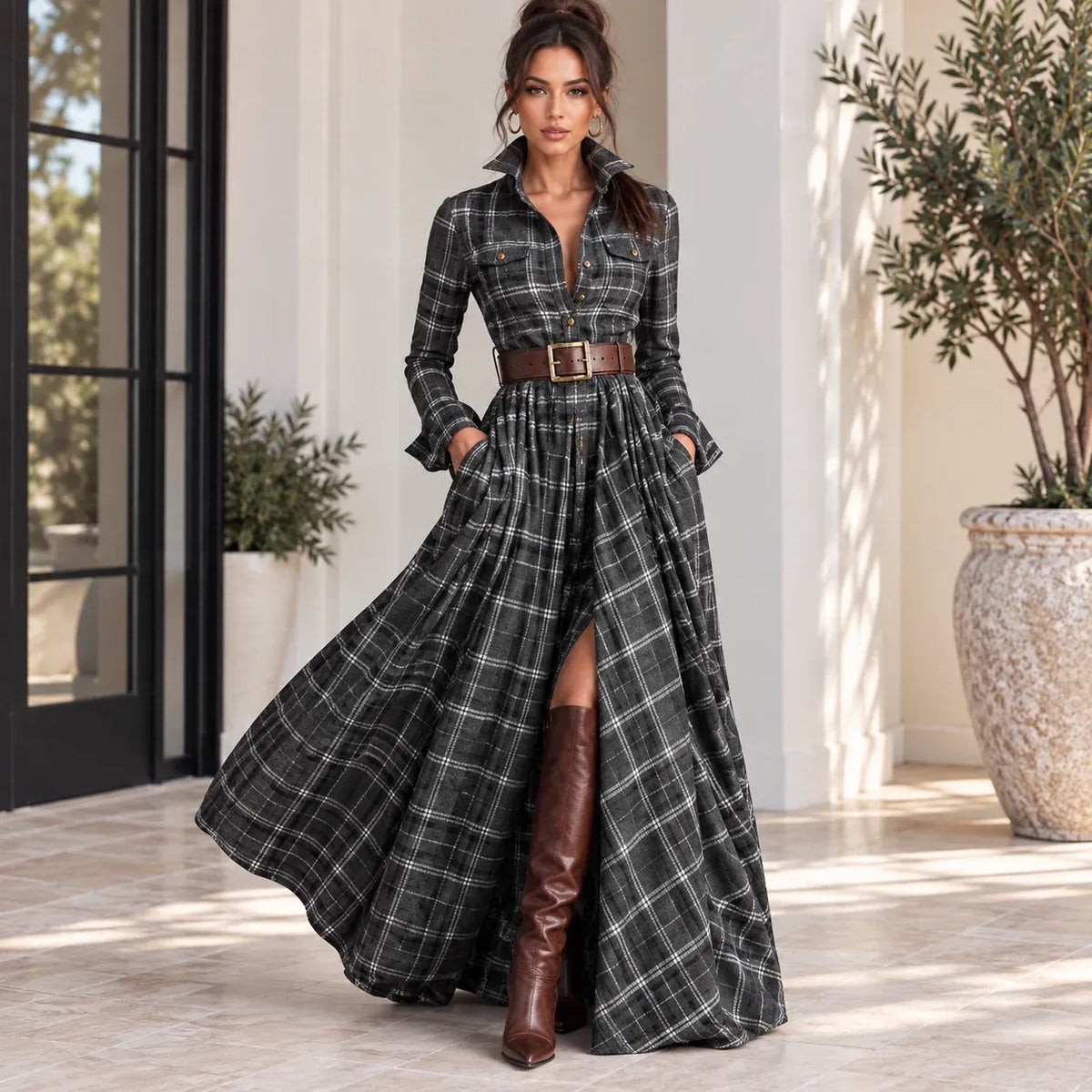 Women’s gray and black plaid button-front collared maxi dress with belt and pockets