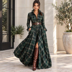 Women’s dark green plaid button-front collared maxi dress with belt and pockets