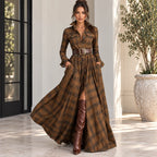 Women’s khaki brown plaid button-front collared maxi dress with belt and pockets